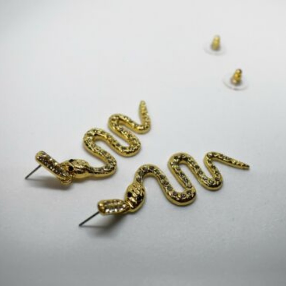 Gold Rhinestone Snake Earrings - Picture 2 of 5